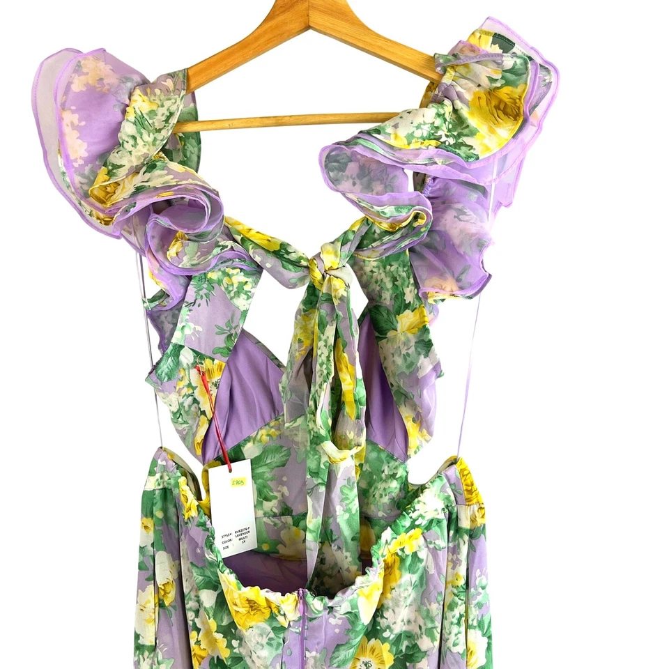 Macacão feminino novo com etiquetas floral babado costas abertas lavanda macacão grande coquette - Imagem 4 de 4