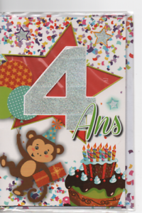 Carte Voeux Joyeux Anniversaire 4 Ans Singe Gateau 18 5 X 11 5 Cm Ebay