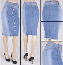 Women 26" Mid Skirt Stretch Denim No slit pencil straight shading wash #WG-77970