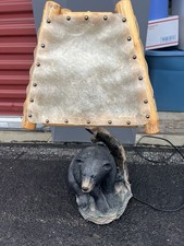 Resin Bear Lamp With Rawhid And Wood Shade, Cabin, Country