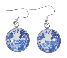'Blue Willow', Willow Ware Blue and White Cabochon Dangle Earrings Blue Willow 