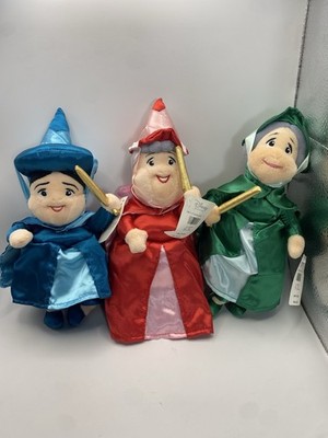 DISNEY SLEEPING BEAUTY 3 FAIRIES PLUSH TOYS FLORA, FAUNA & MERRYWEATHER READ