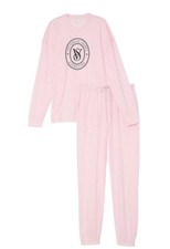 NEW Victoria's Secret 100 Cotton White Top Pants Black Logo Pajama/Jogger Set