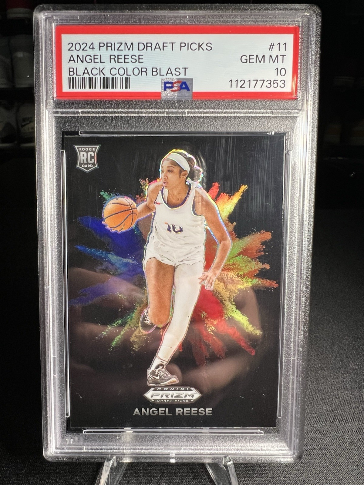2024 Prizm Draft Picks Angel Reese RC Black Colorblast #11 SSP CASE HIT PSA 10