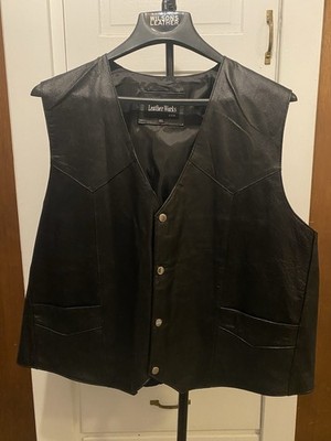 Leather Works U.S.A. Mens 3XL Black Leather Biker Vest Pockets Snap Closure 