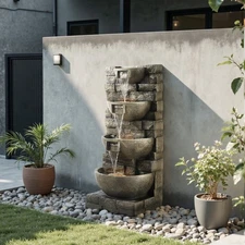 35.63" Outdoor Water Fountain with LED Light 4-Tier Yard Garden Stand Fountain