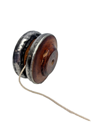 Antique Rare Genuine English Mill Relic Wood Bobbin Pewter YoYo