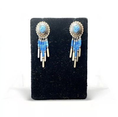 Vintage Sterling Silver Southwestern Blue Feather Dangle Design Earrings 