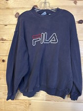 FILA Vintage Logo Classic Sweatshirt Men Pullover Navy Blue Cotton Blend Mens M