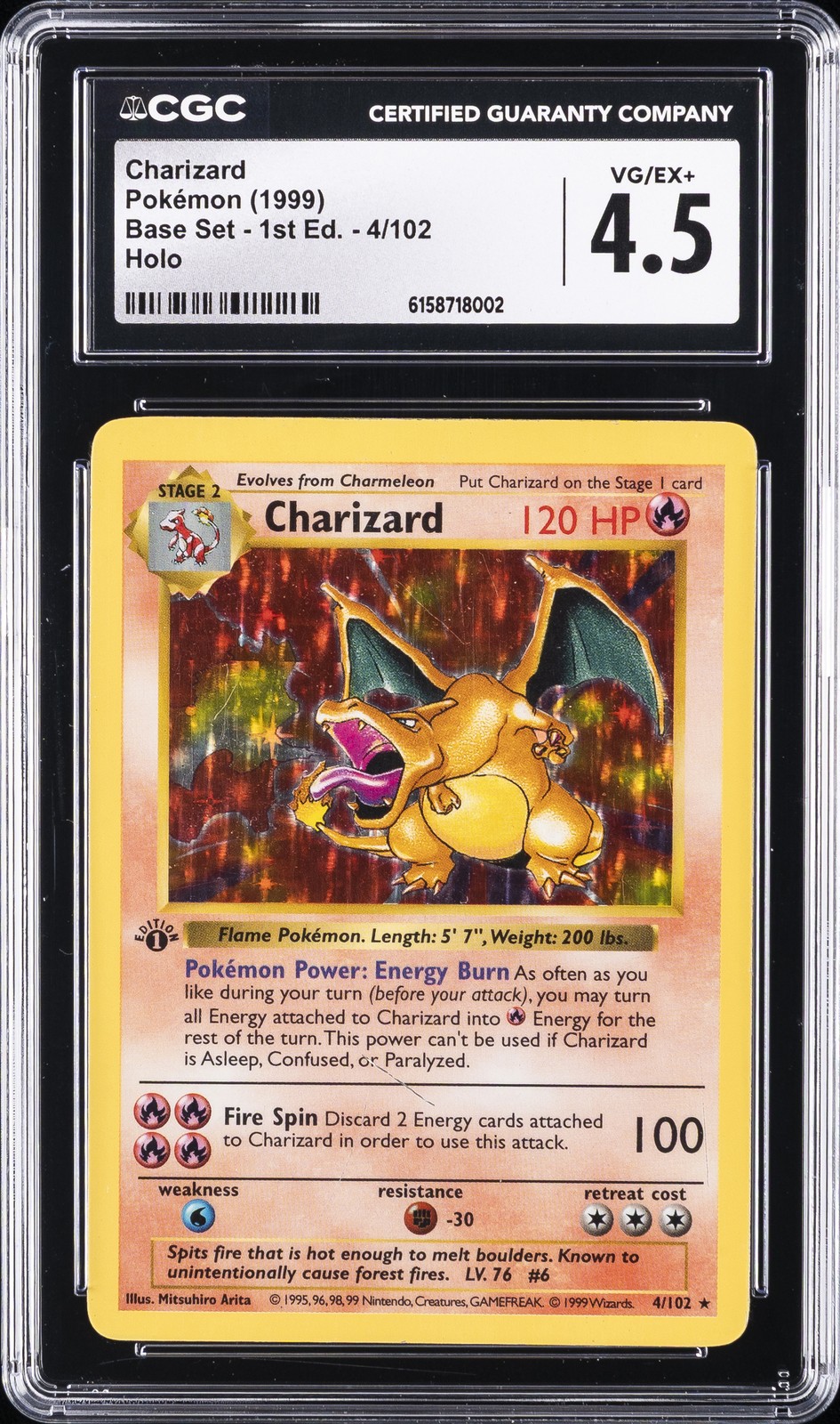 1999 POKEMON BASE SET 1ST EDITION #4 CHARIZARD CGC 4.5
