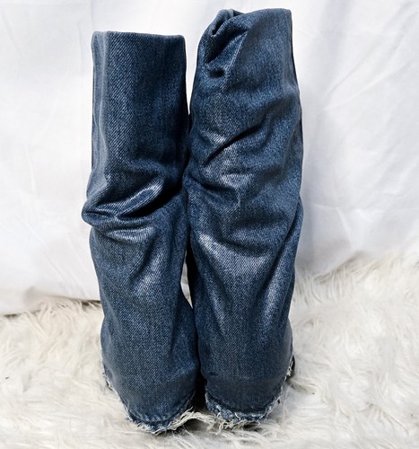 Diesel Denim Cowboy Boots 39 Foldover Blue Y2k 8 Heels Wedge - Picture 3 of 9