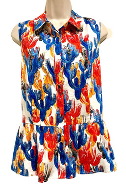 CeCe Cactus Top Womens Top Sz XL Button-Up Flaired Blue Red Southwestern Beachy