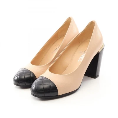 Escarpins CHANEL Matelasse Talons #38C Cuir d'agneau Perle artificielle Beige... - Photo 1/4