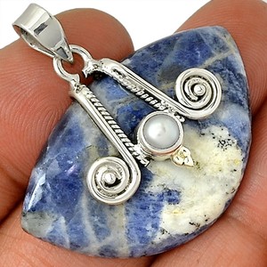 Owl-Sodalite-amp-Pearl-925-Sterling-Silver-Pendant-Jewelry-AP61578