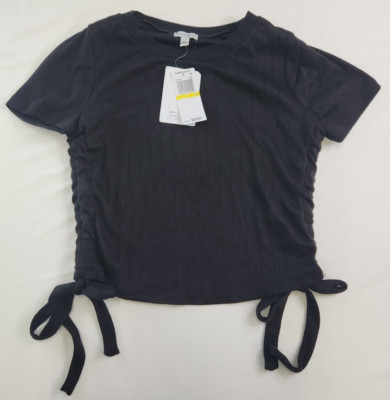Love, Fire Juniors Solid Black Short Sleeve Crop Top Side Ruched Ties Size M