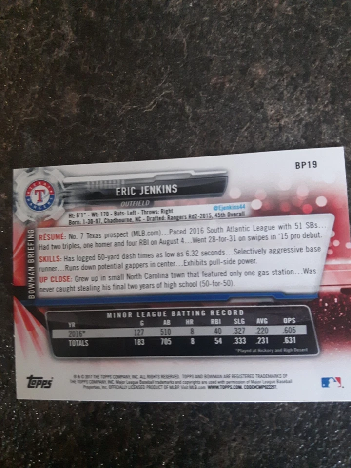 2017 Topps Bowman Prospects Rookie Eric Jenkins RC Card# BP19 - Image 2 of 2