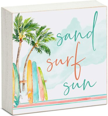 Counterart Wood Block Décor Message Sand Surf Sun Sign, 3.75 inches Square