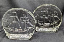 Set of 2 Pilgrim Glass Bookends Clear 2 Masts Sailing Ships Made in USA Nautical