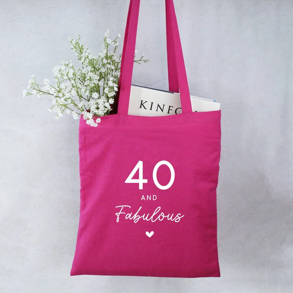 EBUYGB Pink Tote Bag 40 & Fabulous 40th Milestone Birthday Gift Cotton Shoulder Bag