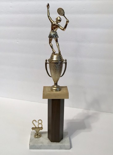 Vintage Women’s Tennis Trophy 17” Tall 1982 Marble Base Italy 1980s Prop - Picture 9 of 12