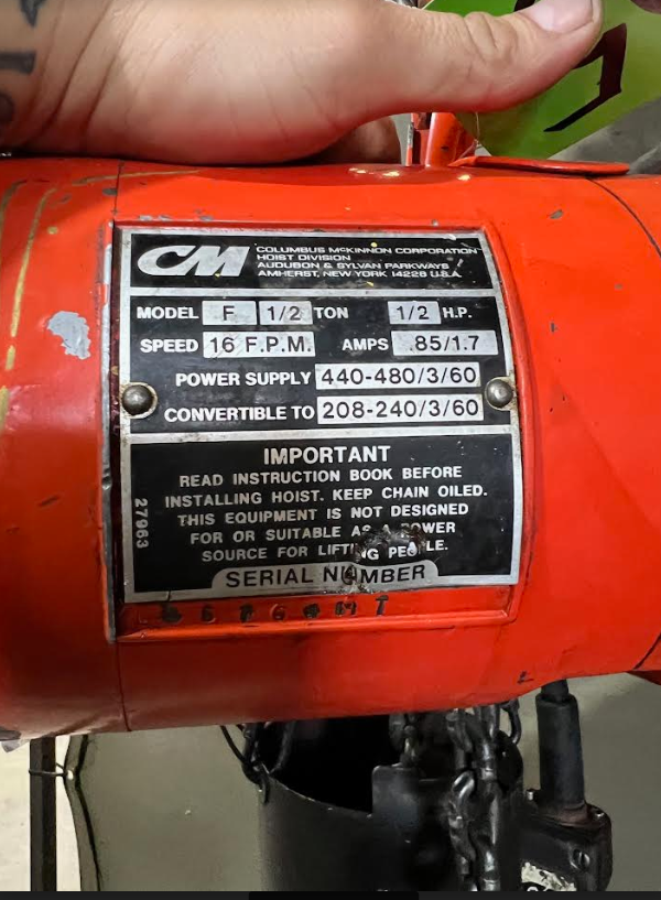 CM Lodestar 1/2 Ton Electric Chain Hoist, Model F , 10 FT Lift, 230/460