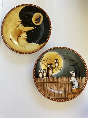 Halloween Plates David Carter set of 2 Brown Pumpkin Hollow, Moon, Witch,Owl 8in - Picture 5 of 9