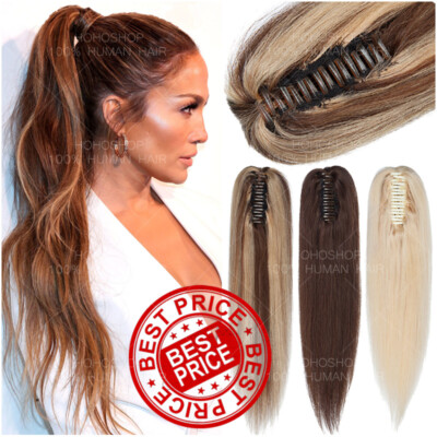 Balayage Claw Human Hair Ponytail Clip In Remy Hair Extensions Ombre THICK Long