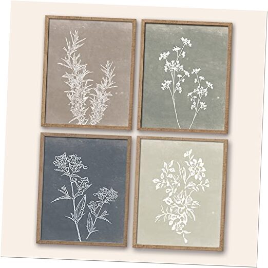 Framed Boho Wall Art Set of 4 for Wooded Minimalist Botanical 11x14