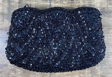 Vintage Black Beaded Sequin Evening Formal Purse Clutch Lined Zip Closure Macao