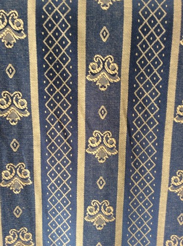 BLUE FLEUR DE LYS CURTAIN FABRIC 6.50m Mid Blue Gold Stripe - Picture 3 of 6
