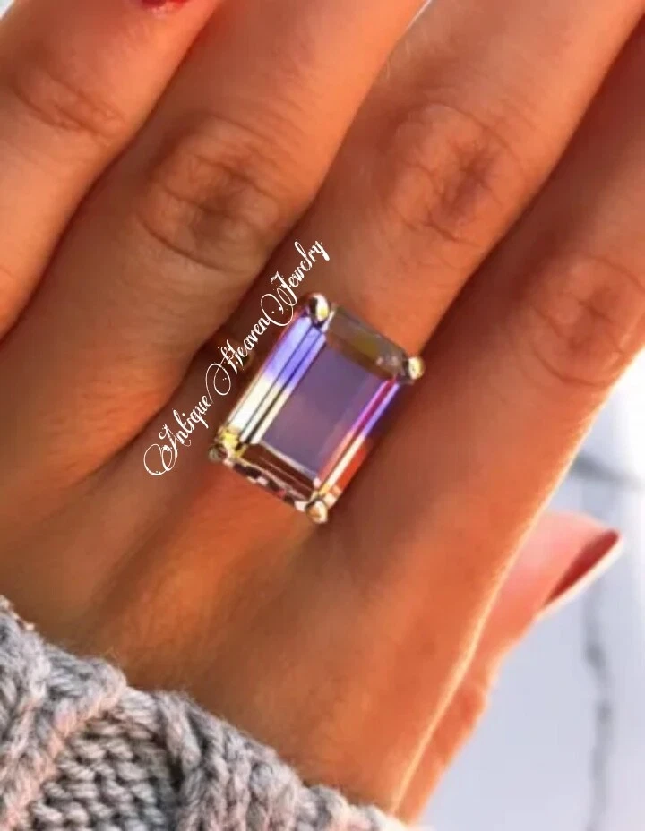 Anillo de ametrino corte esmeralda anillo de plata de ley 925, anillo de piedras preciosas, Art Deco Foto 2 de 3