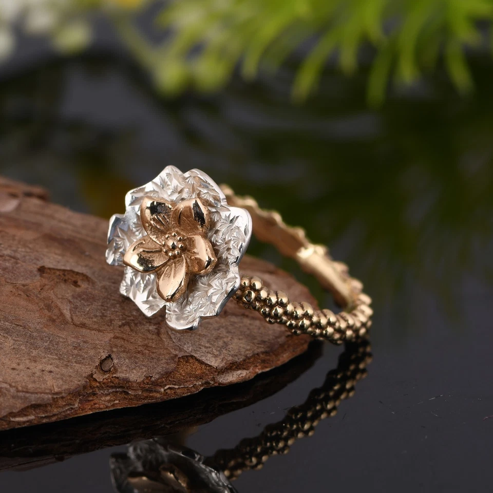 Двухцветное кольцо с цветком, пунктирное кольцо, минимальное кольцо, подарок на день рождения для жены - Изображение 4 из 4