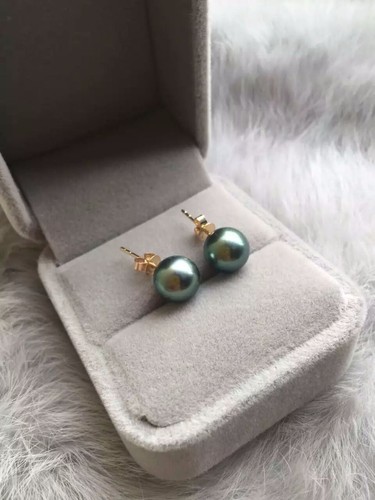 New 8-9mm AAA black green round natural tahitian pearl earrings 14k gold - Picture 3 of 4