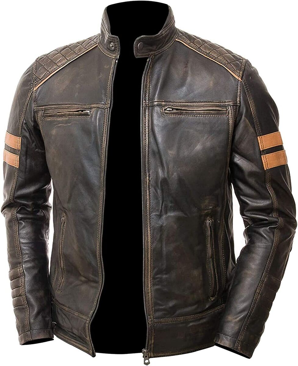 Men's Distressed Brown Leather Jacket Biker Retro Cafe Racer Men's Distressed Brown Leather Jacket Biker Retro Cafe Racer
