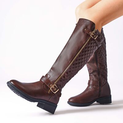 Women Fashion Wide Calf Knee High Boots Low Heel Riding Boots