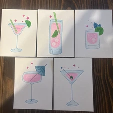 Set of 5 Original Art ACEO ATC Miniature Cocktail Bar Vodka Margarita Daiquiri  
