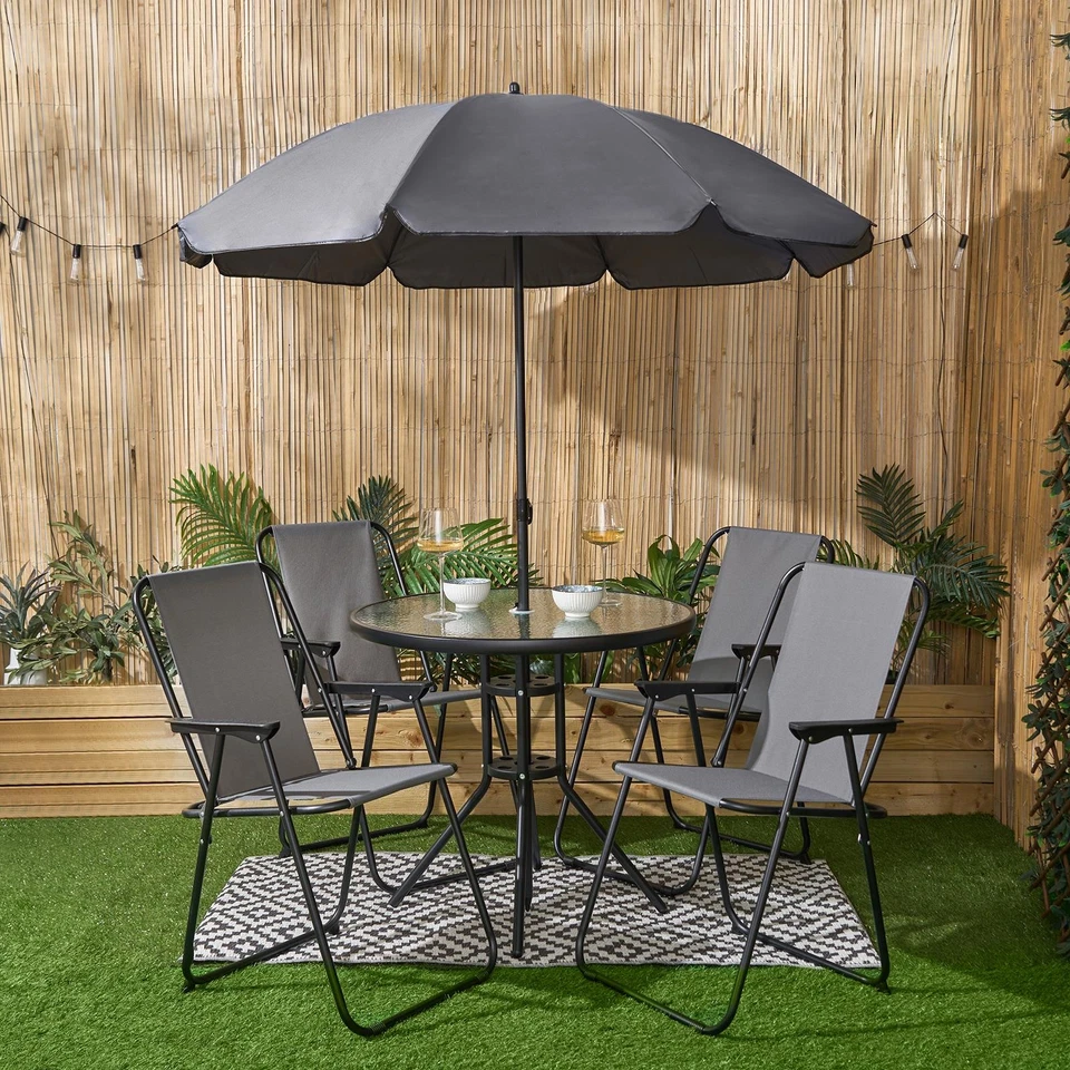 OHS 6 Piece Patio Set Garden Furniture Table Chairs Parasol Foldable Outdoor Dining