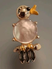 Bird Duck Mother of Pearl Brooch Pin - Enamel Yellow  Beak Black Tail Feathers