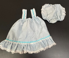 VTG Frilly Sun Dress Bloomer Set Lace Ruffles Blue Satin Ribbon Girl Sz 12-18 mo