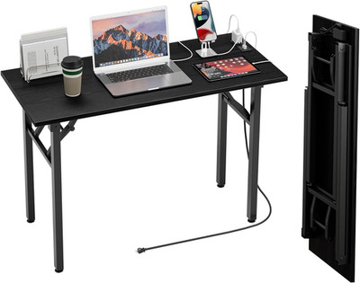 Compact Folding Desk with USB Ports - 44.3'' Dark Oak, No Assembly Needed
