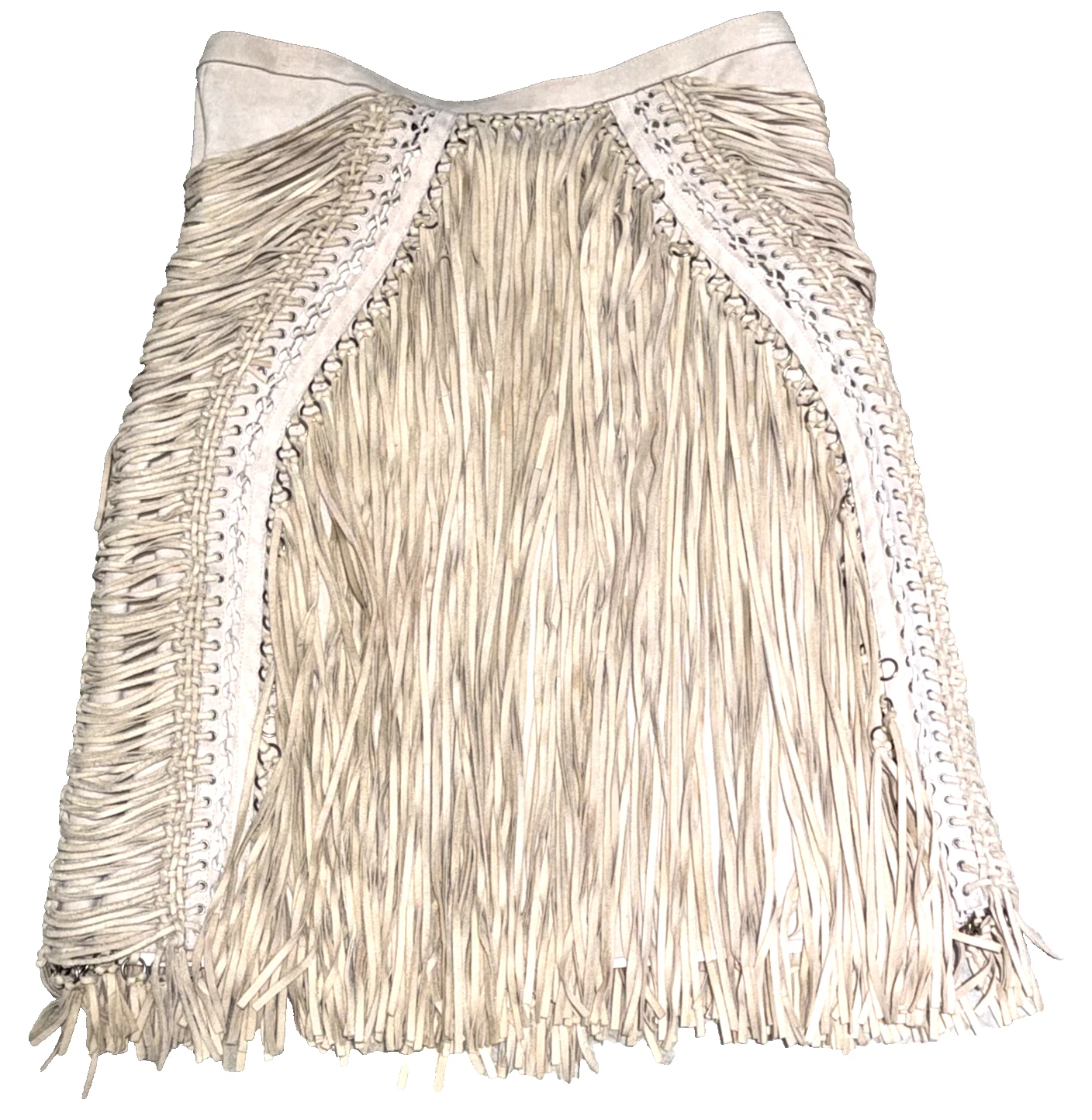 Ferragamo — Salvatore Ferragamo Runway Leather Fringe Embroidered BEIGE Skirt US 2 4 / IT 40