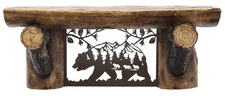 Rustic Wooden Sawn Log Look Wall Shelf with Metal Bear Wilderness Art Scene -...