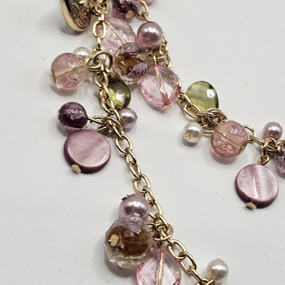 Collar Grueso Tono Dorado Erica Lyons Rosa Cuentas 2 Hilos Declaración EL Foto 3 de 4