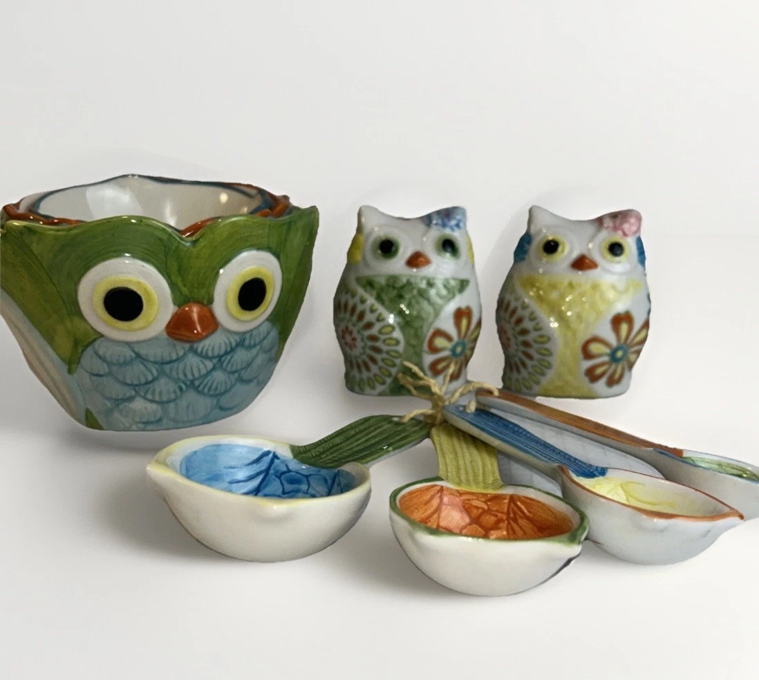 Pier 1 Set Measuring Cups Spoons Salt Pepper Shaker Ceramic Owls Floral Boho