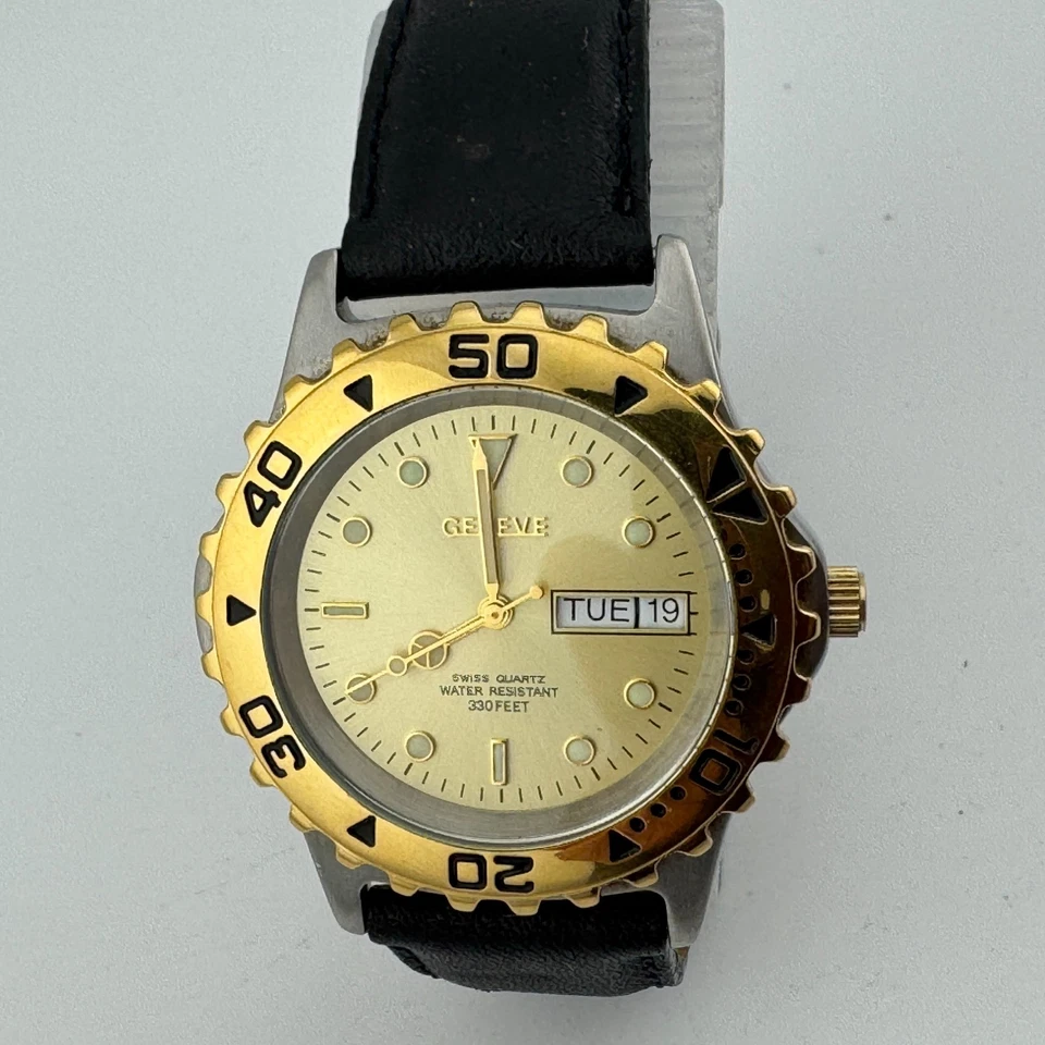 Винтажные швейцарские кварцевые мужские часы Geneve 100 м двухцветная сталь вращающийся ободок новый аккумулятор - Изображение 2 из 4