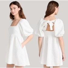 Free People Violet Puff Sleeve Square Neck A Line White Mini Dress Tie Back Sz S