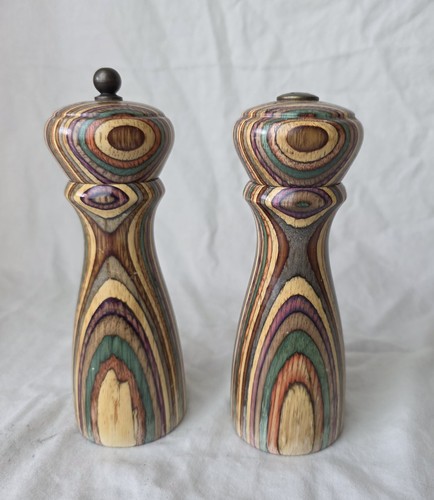 Vintage Mr Dudley Staved Wood Pepper Mill & Salt Shaker Unique Rainbow Color Set - Picture 3 of 10