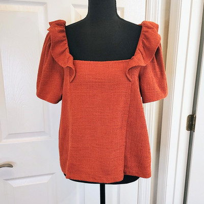 Madewell Crosshatch Ruffle Top Puff Sleeve Shoulder Orange Boho Coquette Large