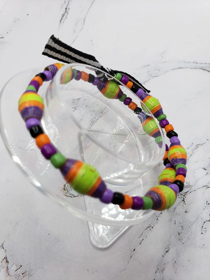 Halloween Memory Wire Bracelet With Handpainted Paper Beads For Large Wrist - Image 3 of 4