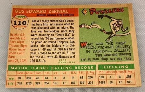 1955 Topps # 110 Gus Zernial Baseball Card Kansas City Athletics A’s - Picture 2 of 2